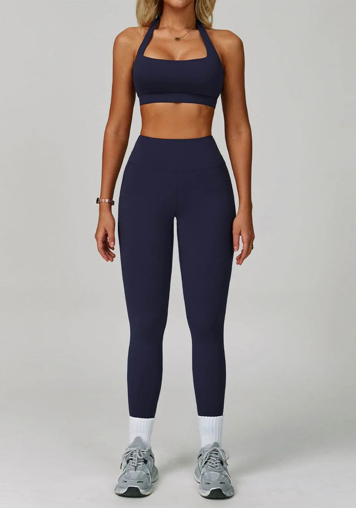 Activewear Set with Halter Sports Bra and Legging - Blue