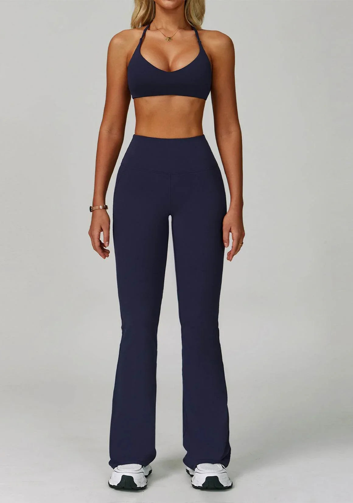 Activewear Set with Cross Back Sports Bra and Flared Pant - Blue