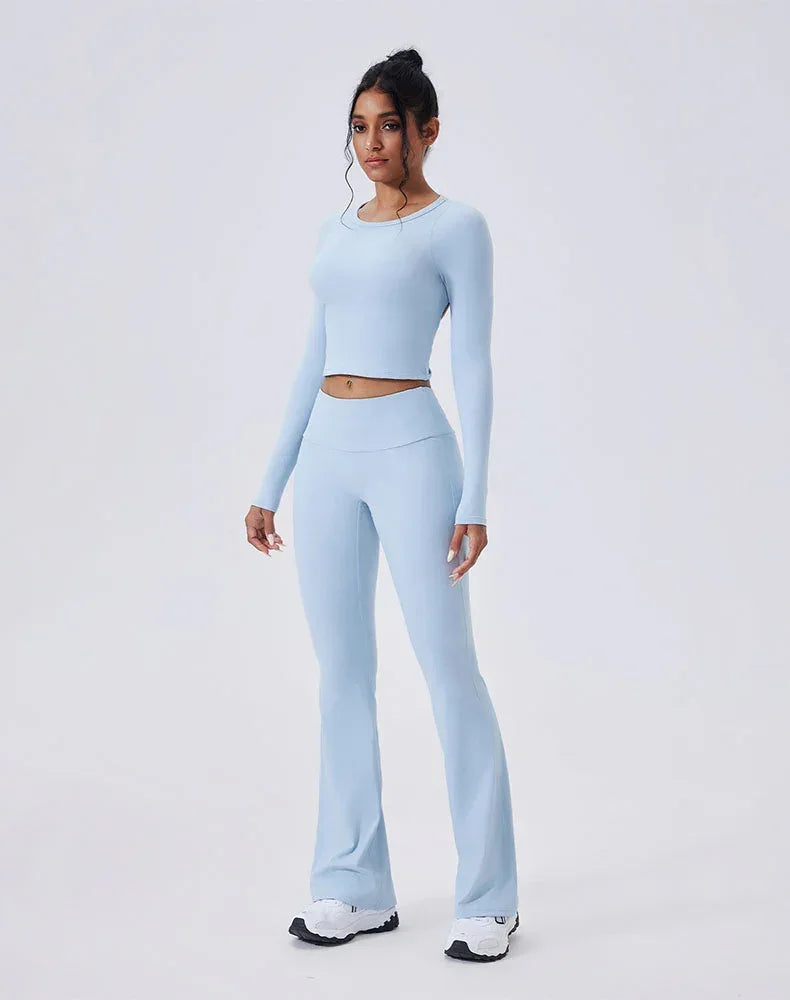 Activewear Set with Backless Top and Low-Waisted Flare Pant - Blue