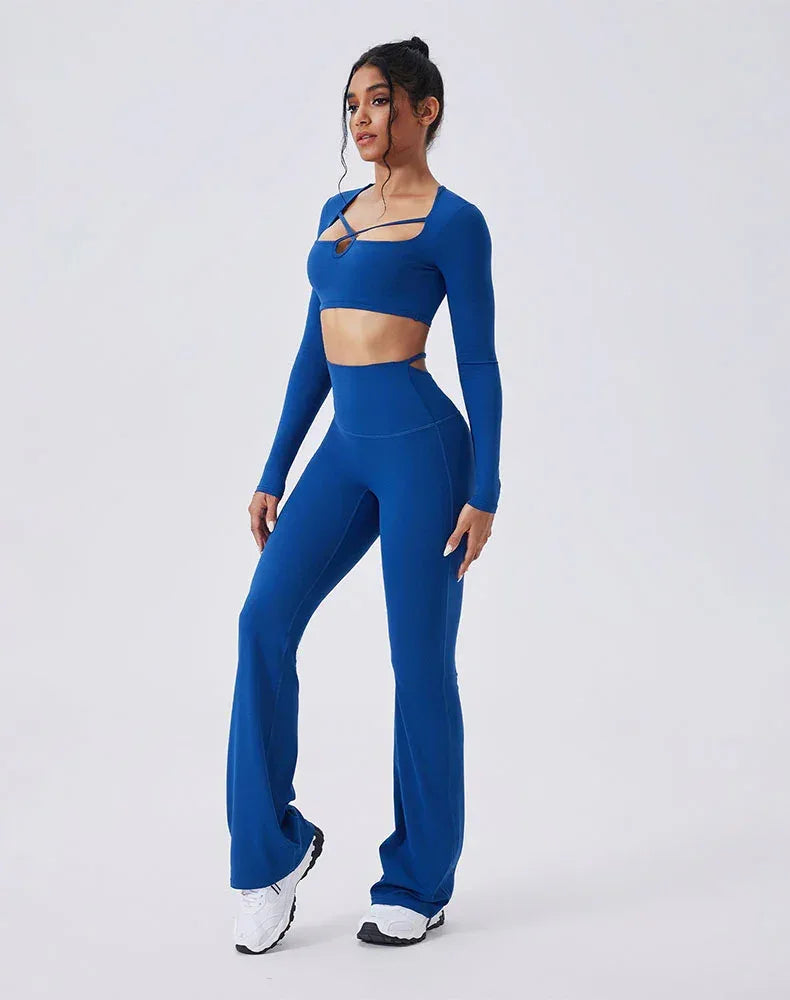 Activewear Set with crisscross thin strap Top and Flare Pant - Navy Blue