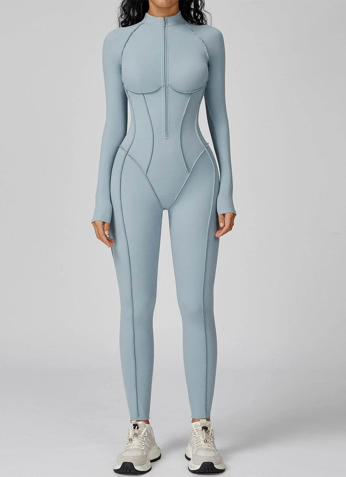 Long Sleeve Zip Front Sport Jumpsuits One Yoga Rompers - Petrel Blue