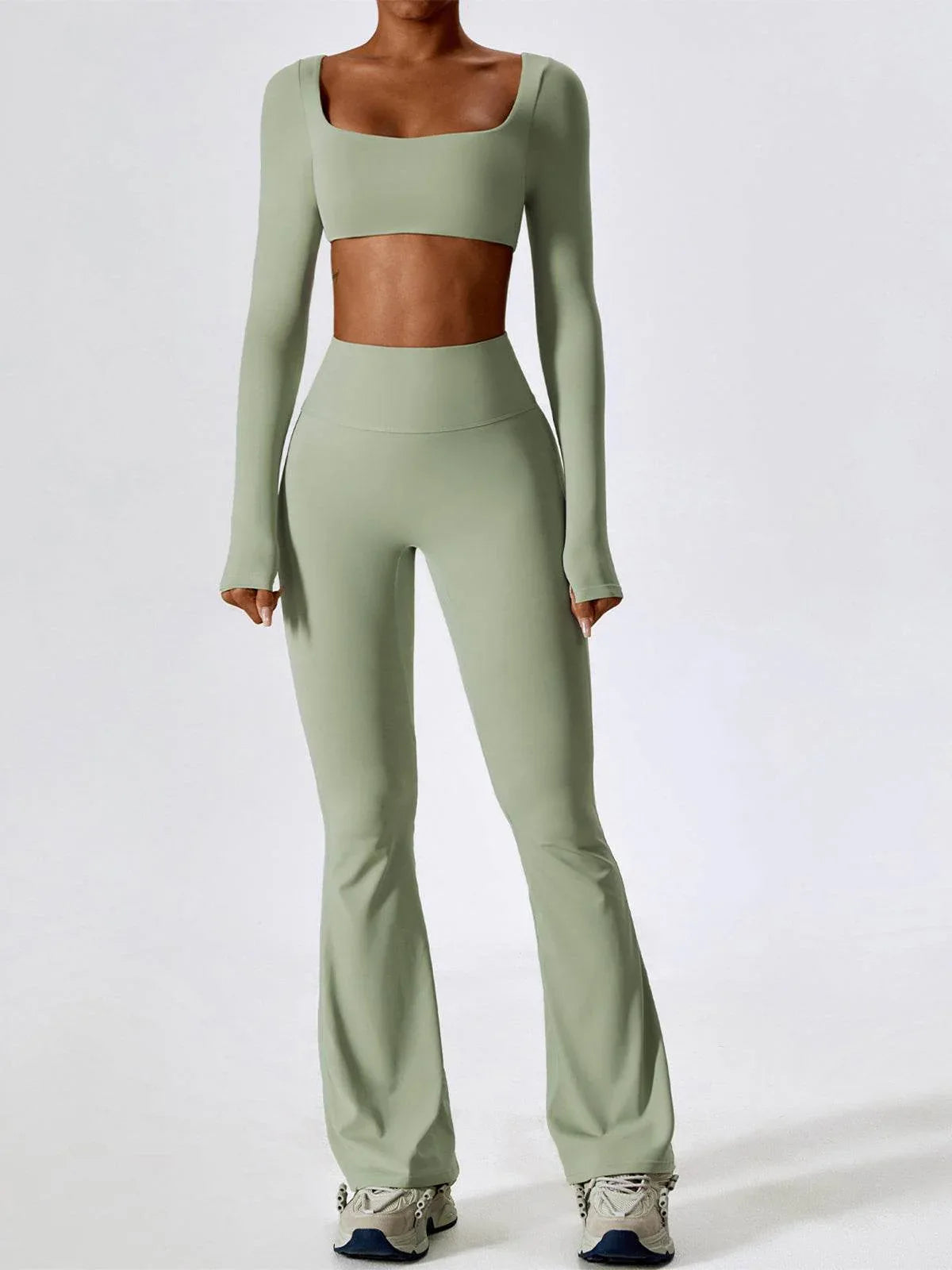 Sport Set with Square Neck Crop Top and Flared Pant - Bean Green