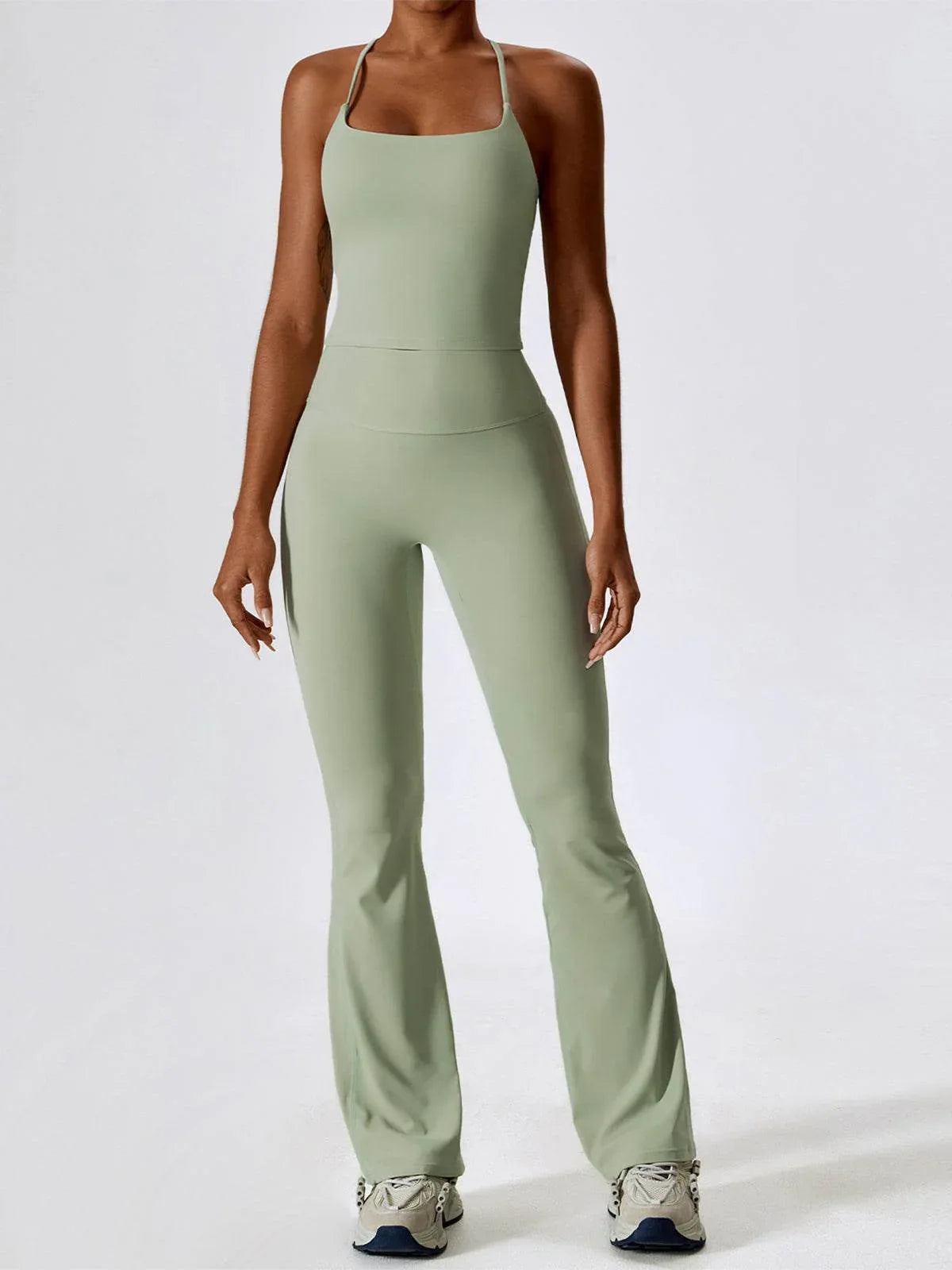 Sport Set with Crossover Strap Tank Top and Flared Pant - Bean Green
