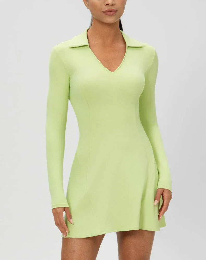 Long Sleeve V Neck Tennis Dress - Green
