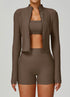 3 Pieces Ribbed Activewear Set with Bra, Jacket and Short