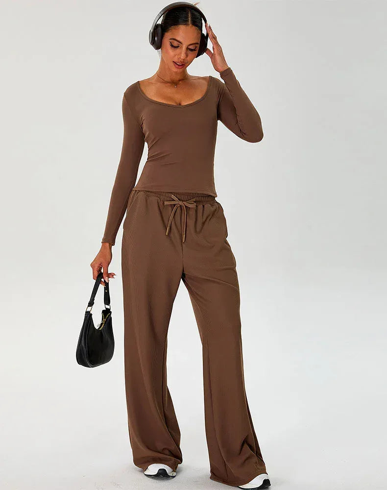 Activewear Set with Curved Neckline Top and Sweatpant - Dark Coffee