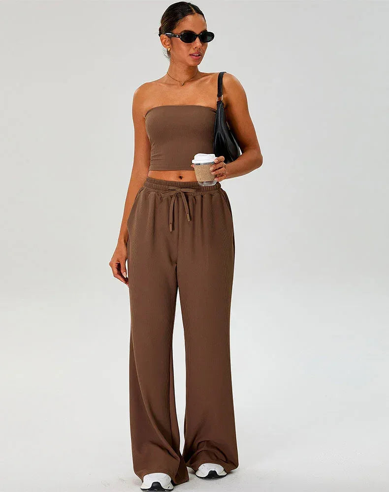 Activewear Set with Strapless Crop Tube Top and Sweatpant - Dark Coffee