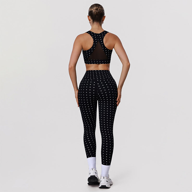 White Polka Dot Black Activewear Set with Bra and Legging