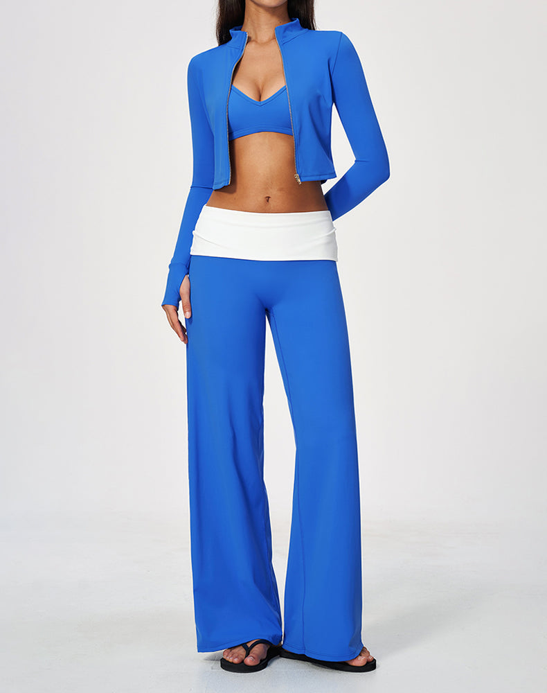 3 Piece Sports Bra Cropped Jacket and Fold Over Flare Pant