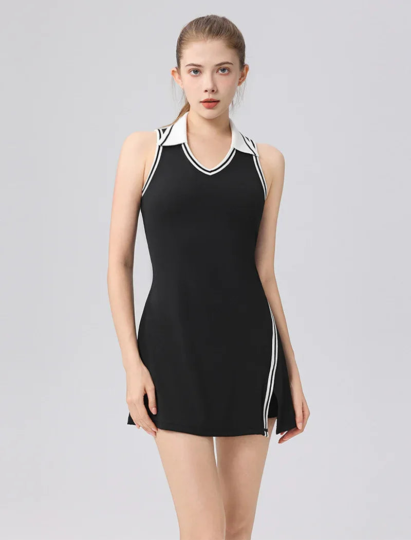 Tennis Dresses Polo Golf Dress with Built in Bra and Shorts - Black