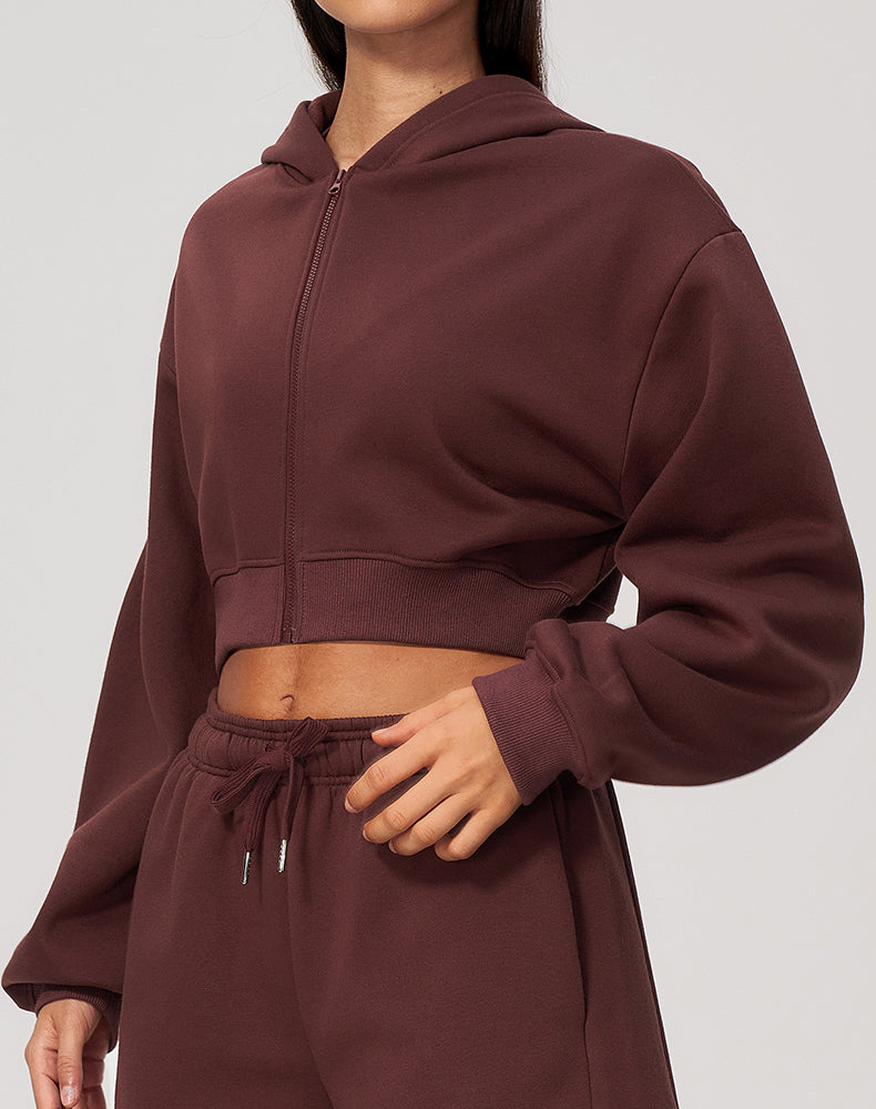 Long Sleeve Full Zip Cropped Casual Hooded
