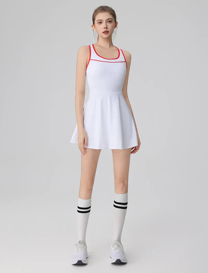 Racerback Tennis Dress with Short Contrast Colors Golf Dress - White