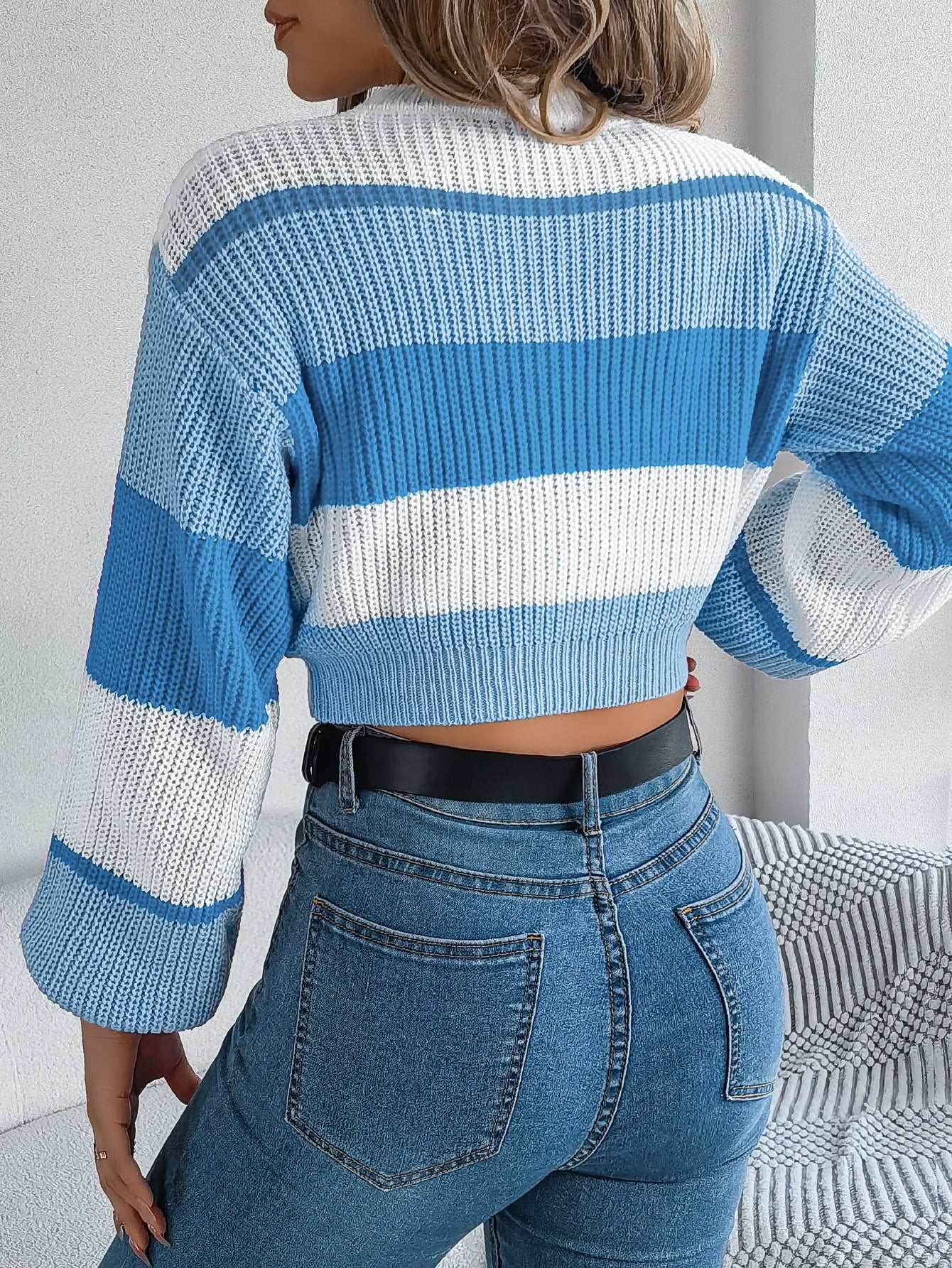 Colorblock Lantern Sleeve Crop Pullover Sweater