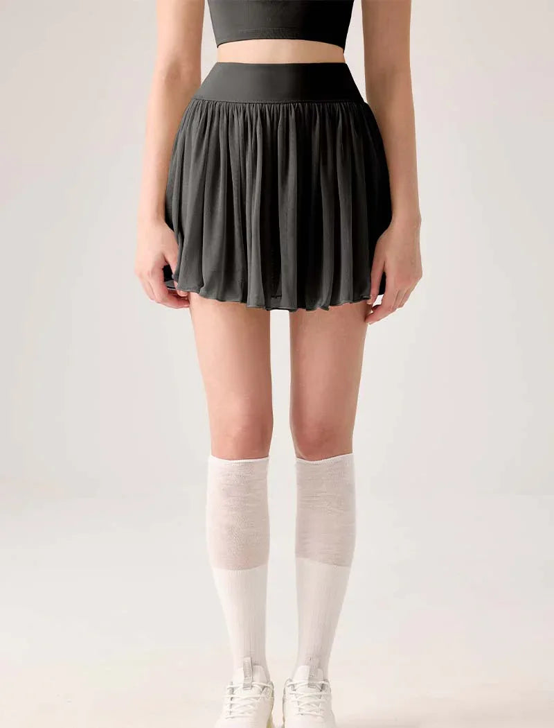 Mesh Sheer Pleated Skirt Tulle Skirt with Short and Pocket