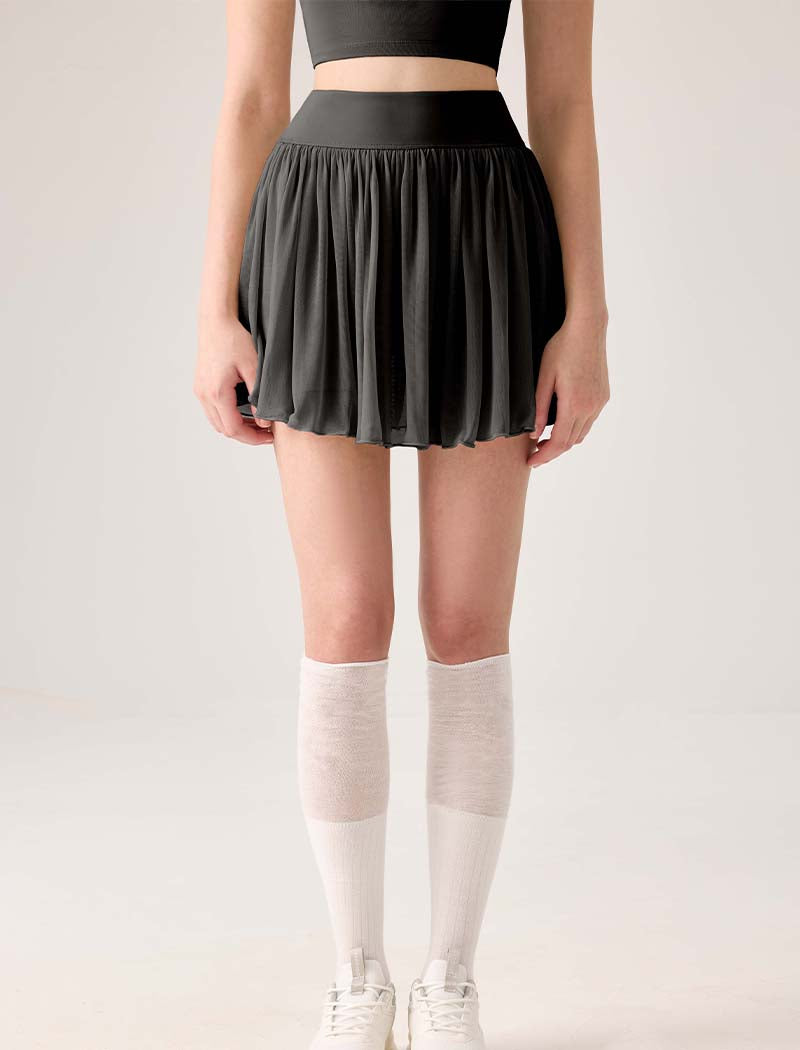 Mesh Sheer Pleated Skirt Tulle Skirt with Short and Pocket