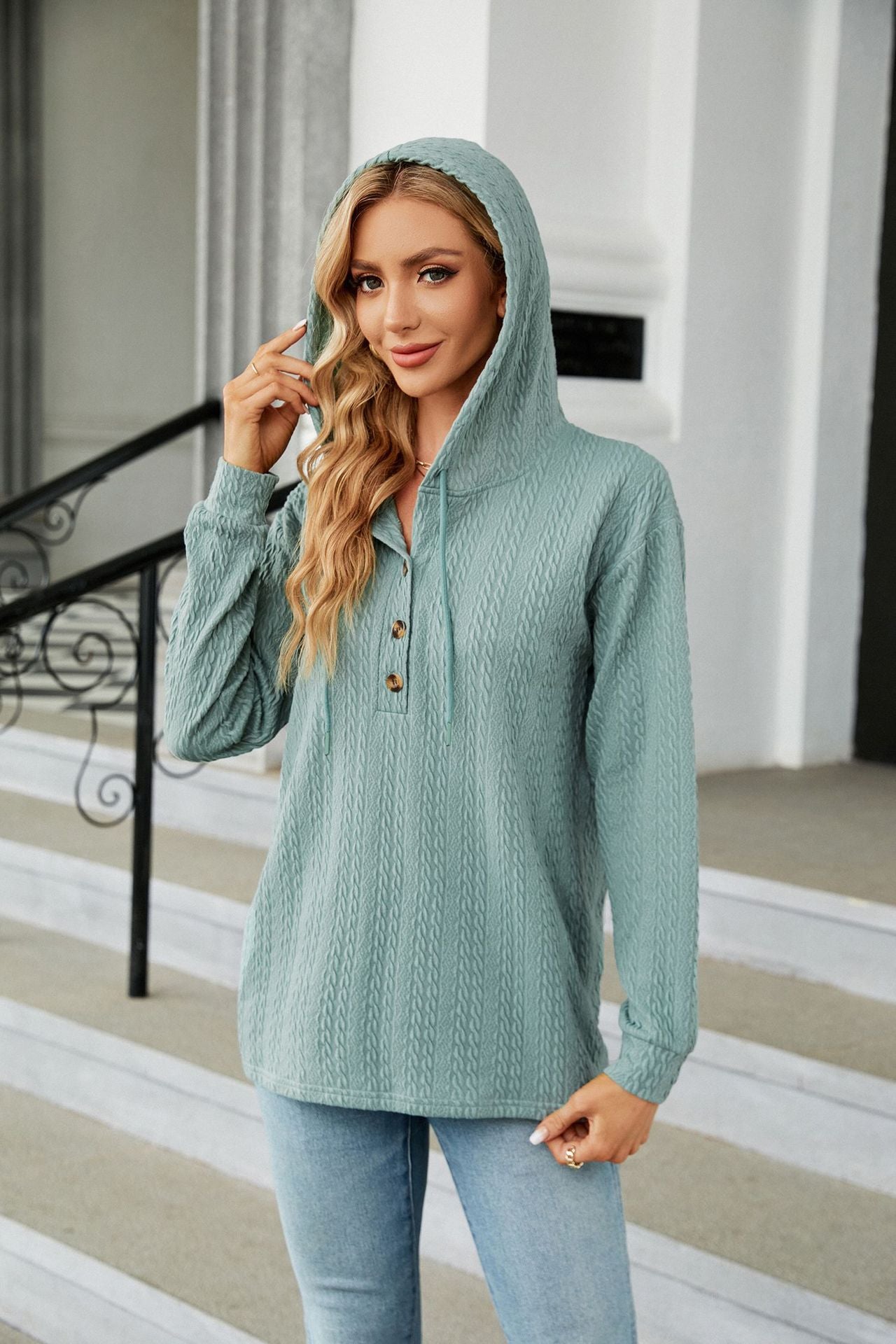 Button Hooded Sweatshirt Loose Long Sleeve Casual Tops