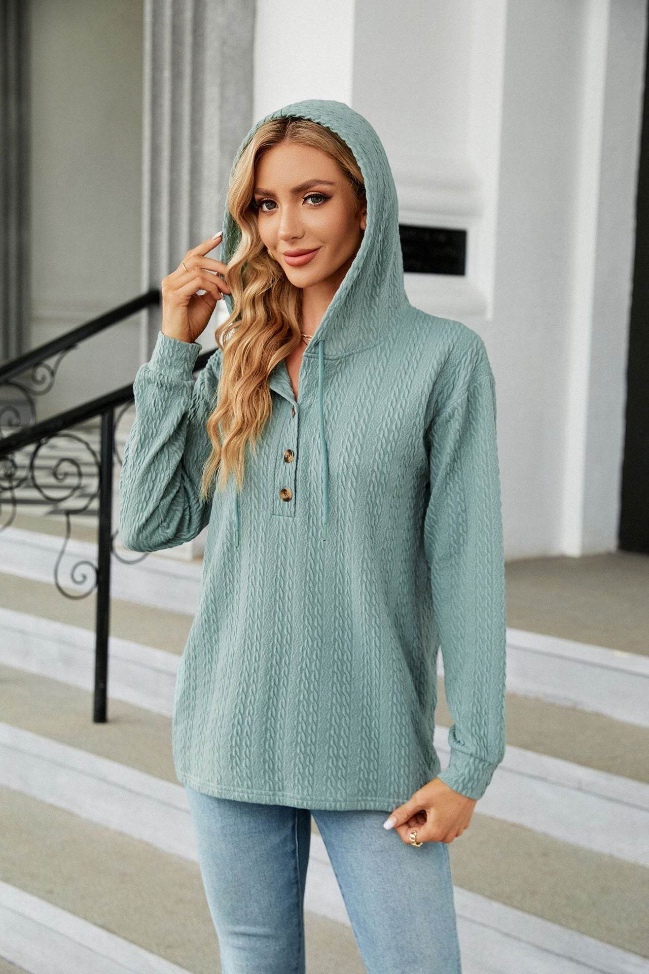 Button Hooded Sweatshirt Loose Long Sleeve Casual Tops
