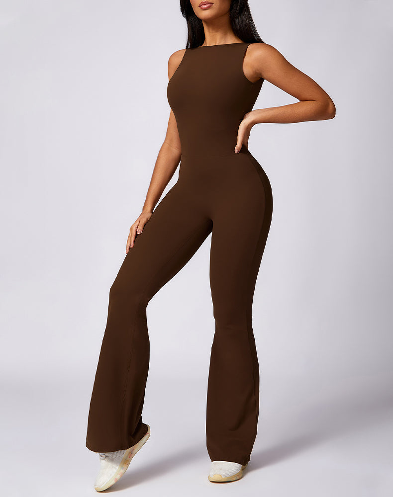 Backless Yoga Flare Jumpsuit Sleeveless Workout Romper