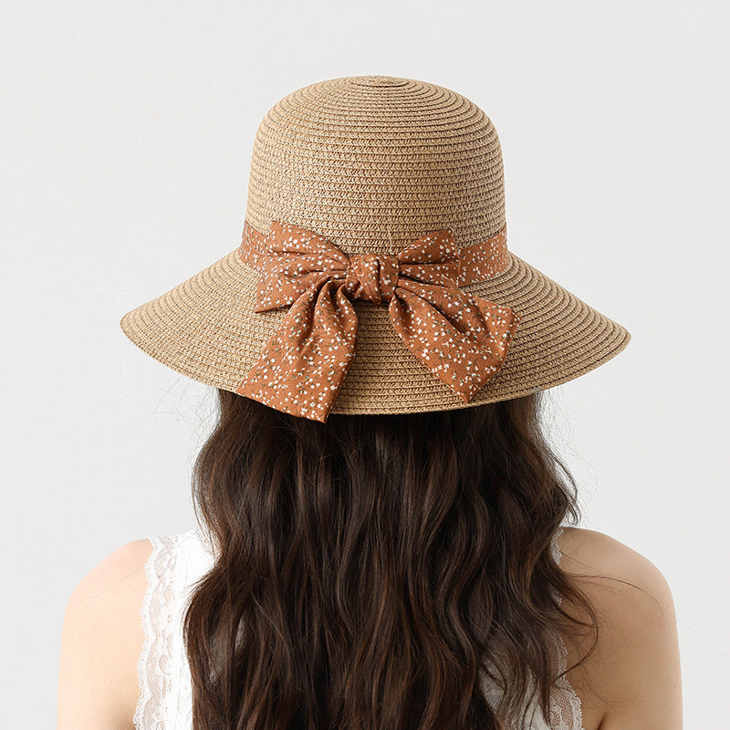 Summer Beach Sun Protection Straw Hat with Floral Bowknot