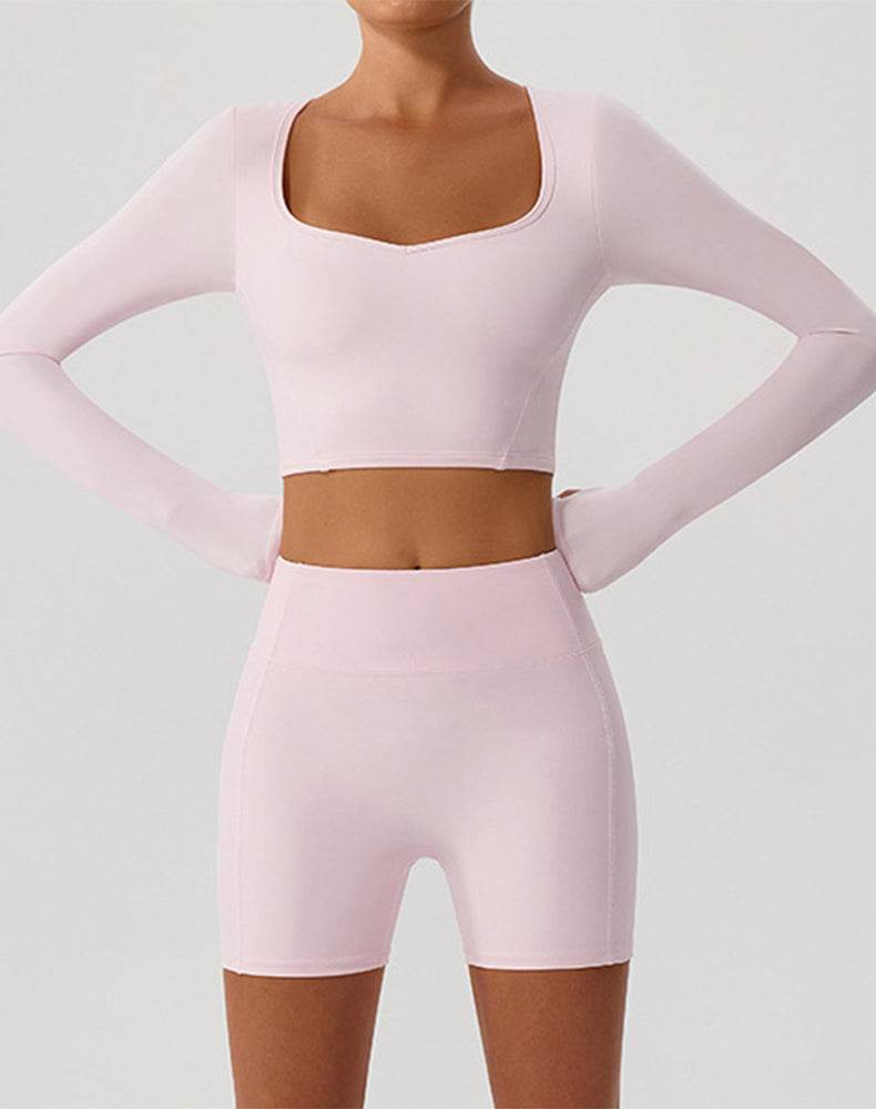 Solid Color Crop Top Yoga Long Sleeve V Neck T-Shirts