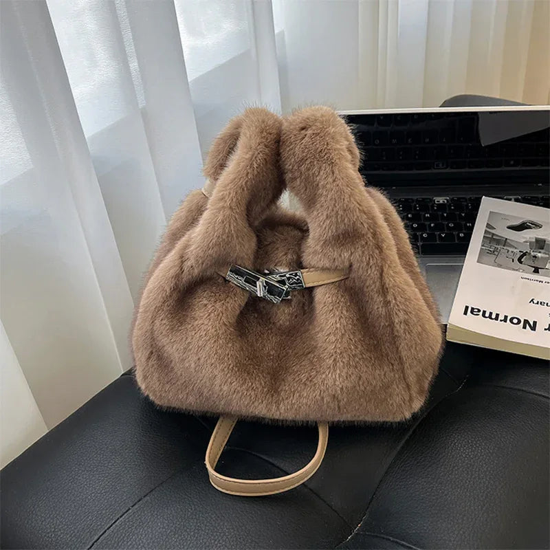 Fuzzy Shoulder Handbag Fluffy Plush Bucket Crossbody Bag -