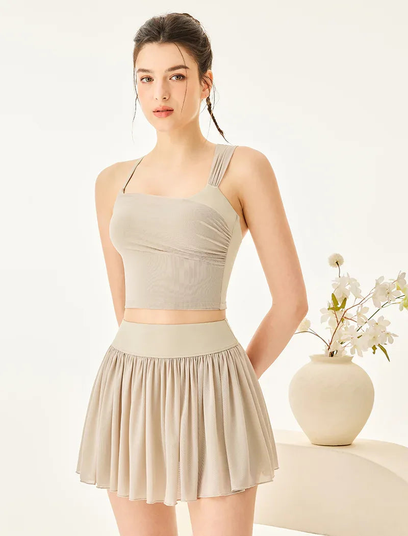Mesh Tennis Set with Asymmetrical Strap Tank Top and Skirt -