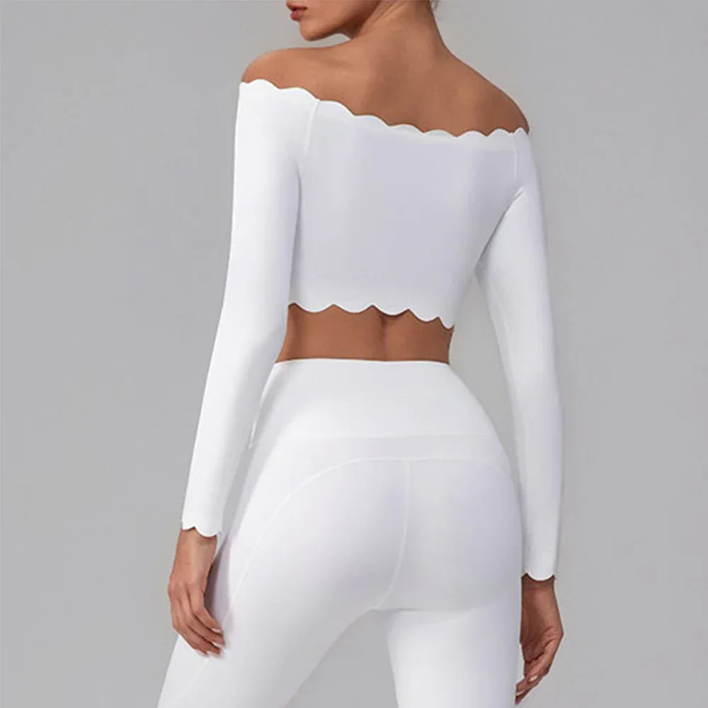 Off Shoulder Crop Tops Long Sleeve Shirt with Removable Cups -