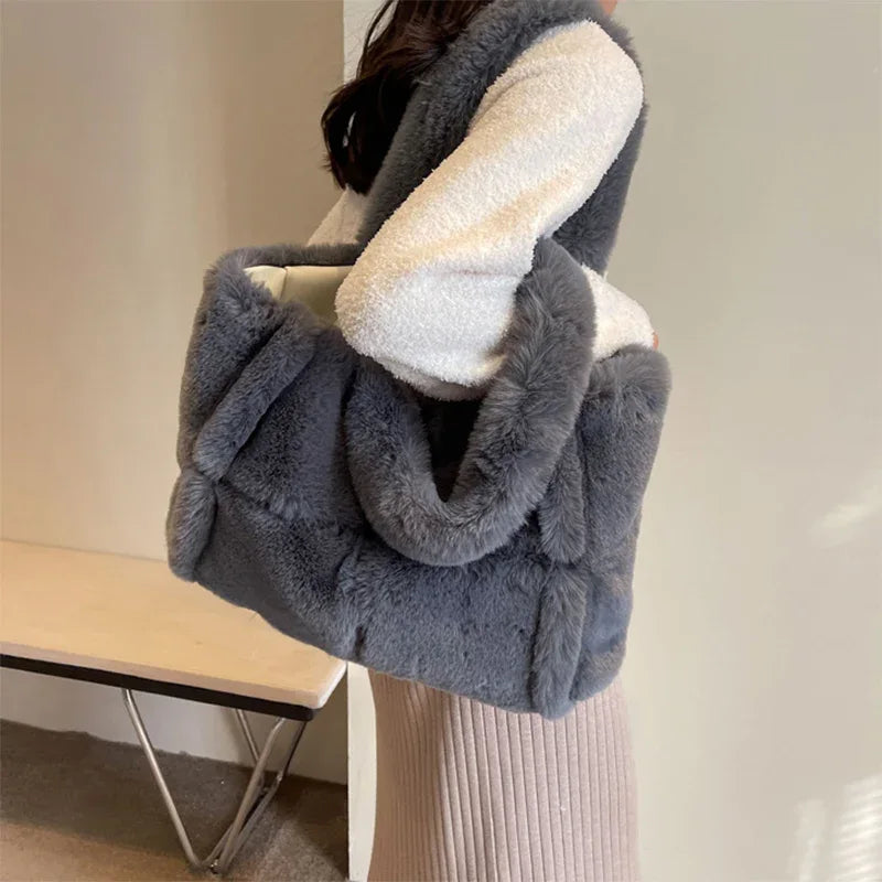 Winter Soft Plush Shoulder Handbag Bag Large Fluffy Tote Bag -