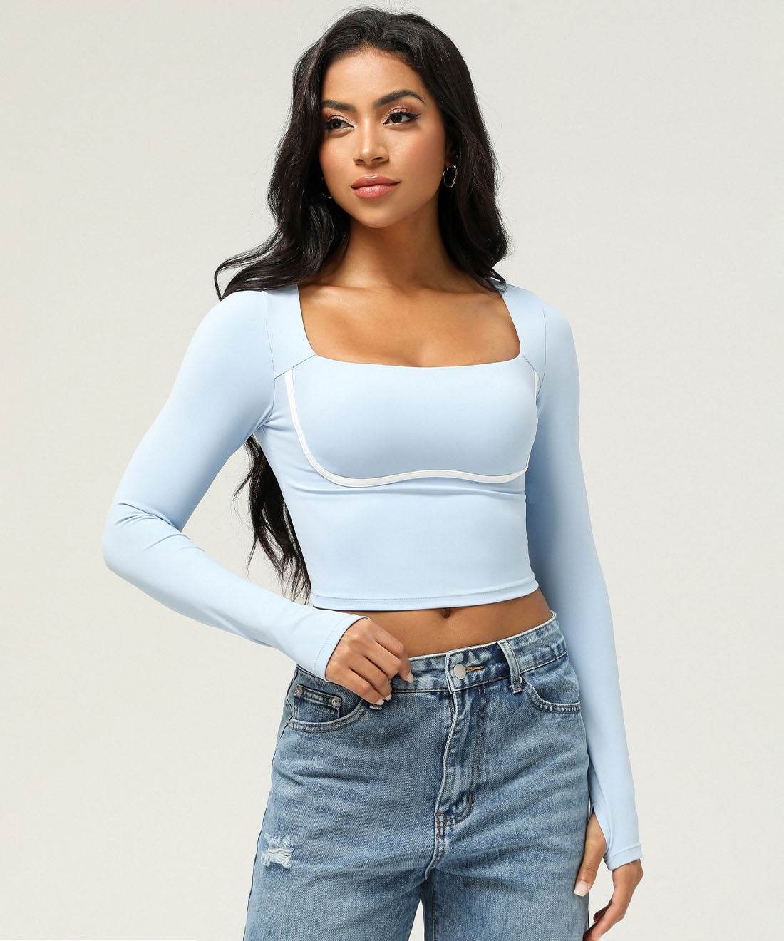 Square Neck Long Sleeve Slim Fitted Crop T-Shirt