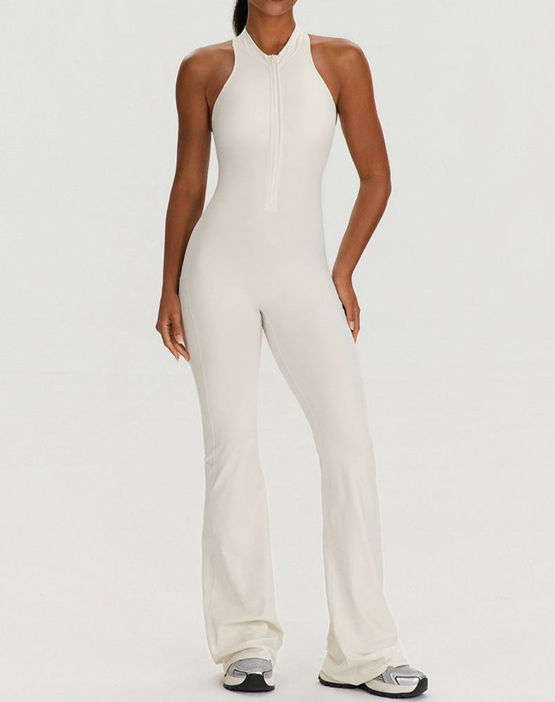 Zipper Racerback Yoga Bodysuit Flare Jumpsuit with Pockets
