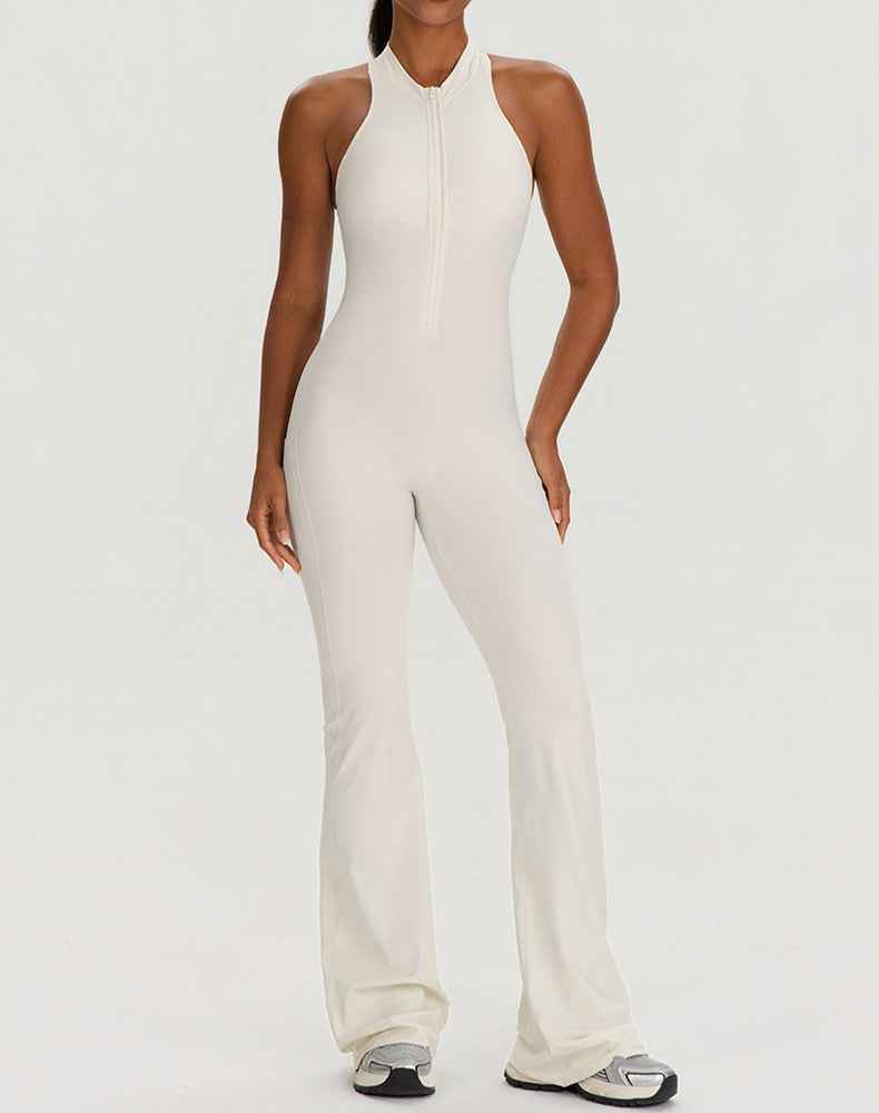 Zipper Racerback Yoga Bodysuit Flare Jumpsuit with Pockets
