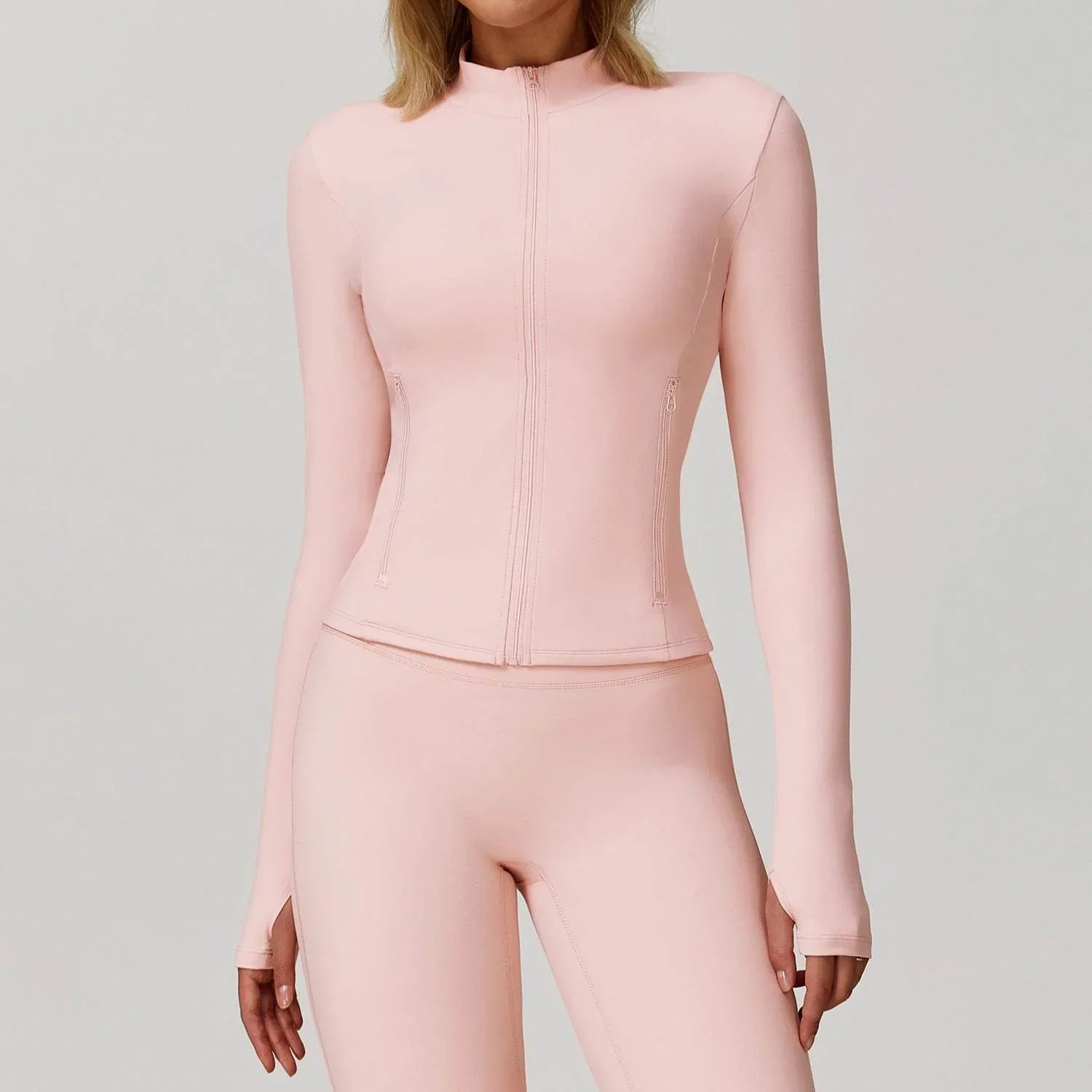 Zip Up Workout Jacket Long Sleeve Athletic Coat with Pockets - Peach Pink