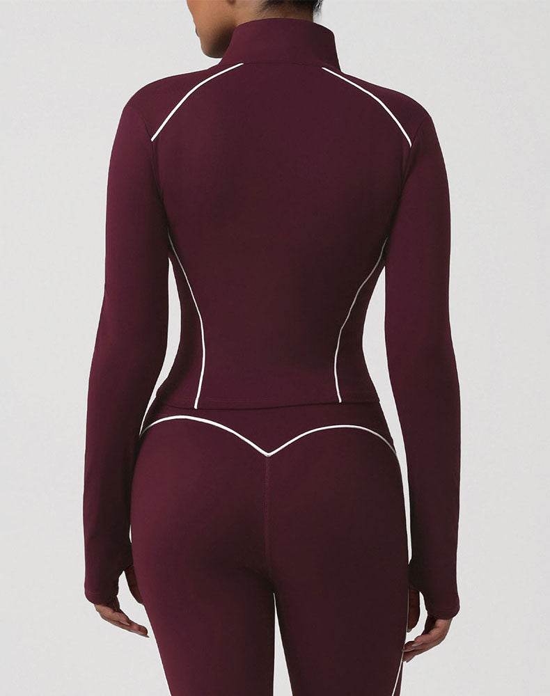 Contrast Trim Workout Jacket Zip Up Long Sleeve Coat