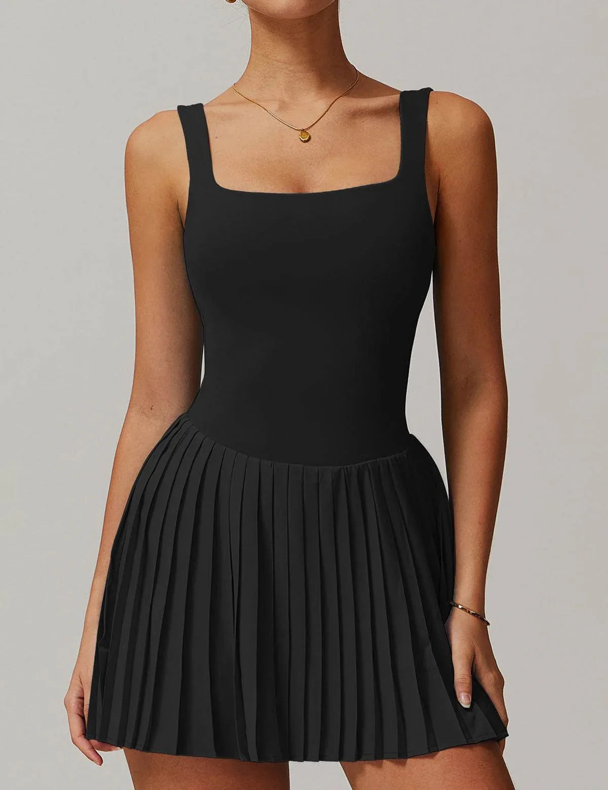 One Piece Tennis Dress With Inside Shorts and Pockets - Black
