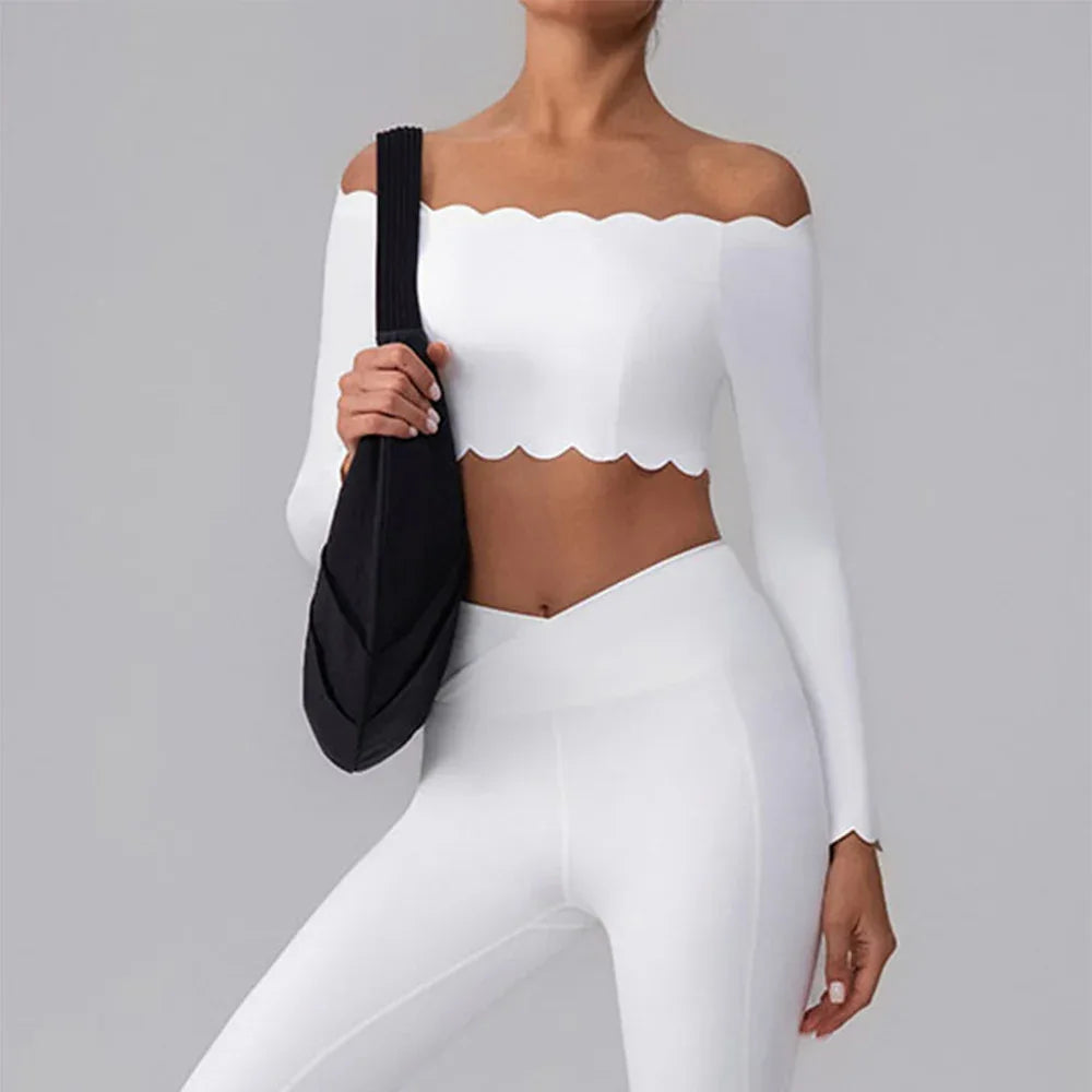 Off Shoulder Crop Tops Long Sleeve Shirt with Removable Cups - White