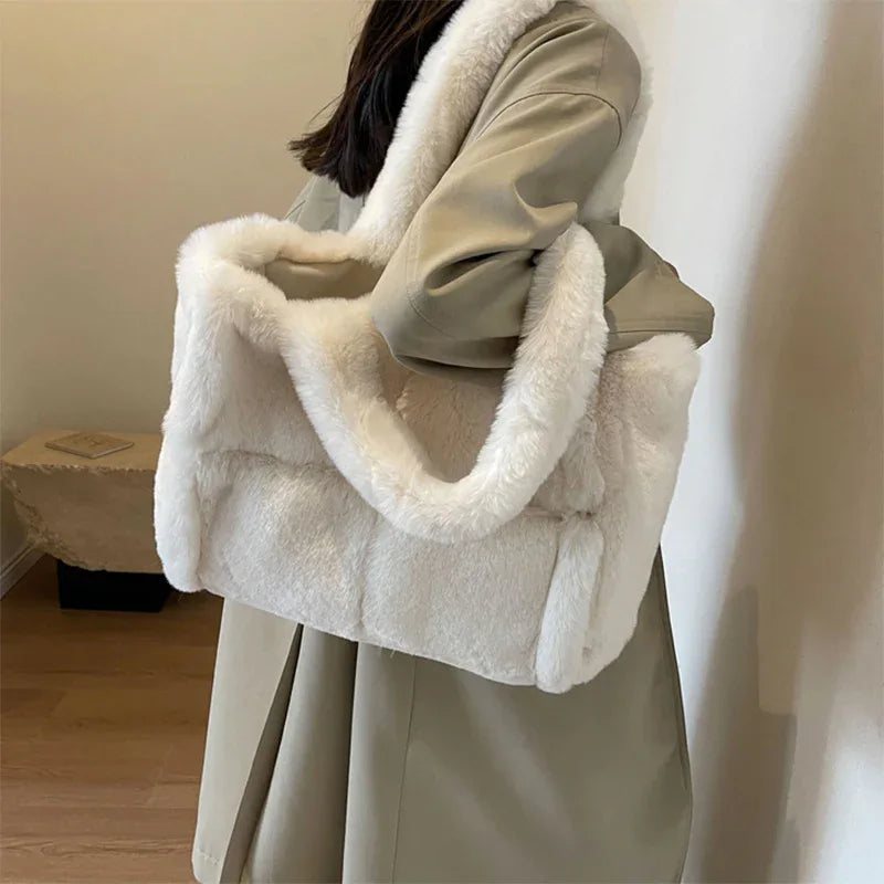 Winter Soft Plush Shoulder Handbag Bag Large Fluffy Tote Bag -