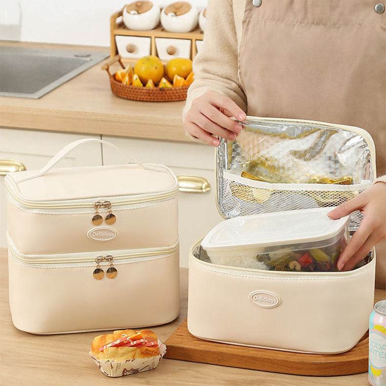 Portable PU Insulated Lunch Bag Double Layer Cooler Handbag