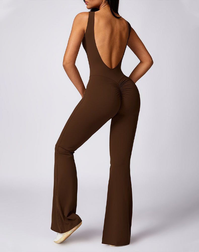 Backless Yoga Flare Jumpsuit Sleeveless Workout Romper