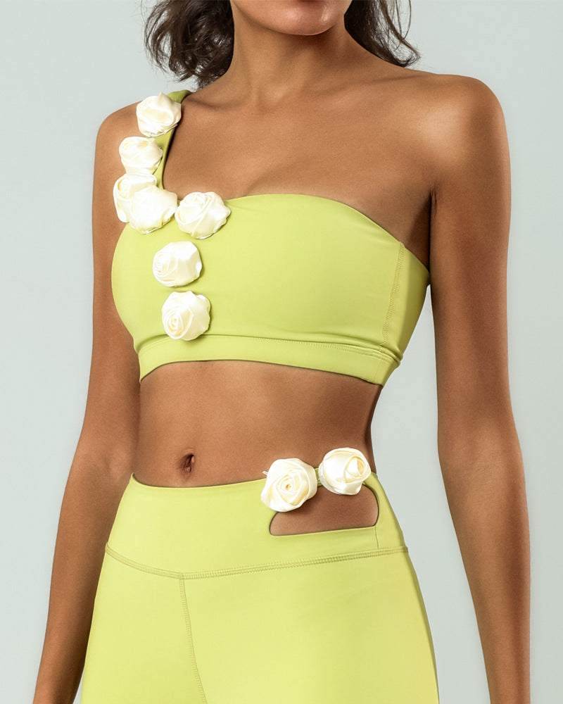 One Shoulder Yoga Bra With Flowers