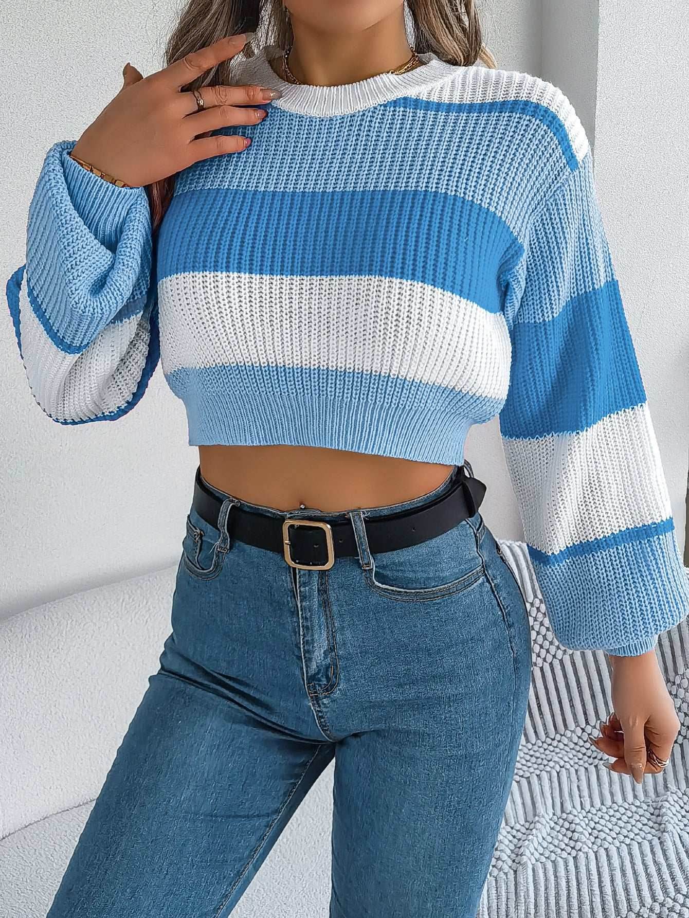 Colorblock Lantern Sleeve Crop Pullover Sweater