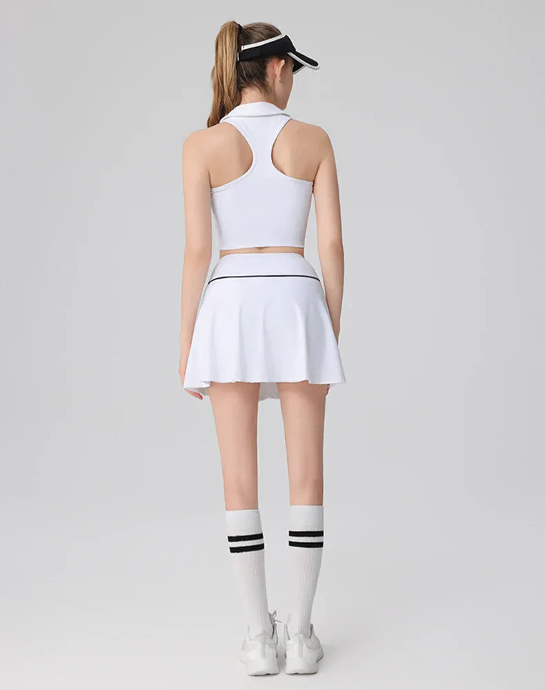 Tennis Sets with Polo Collared Crop Tank Top and Golf Skirt -