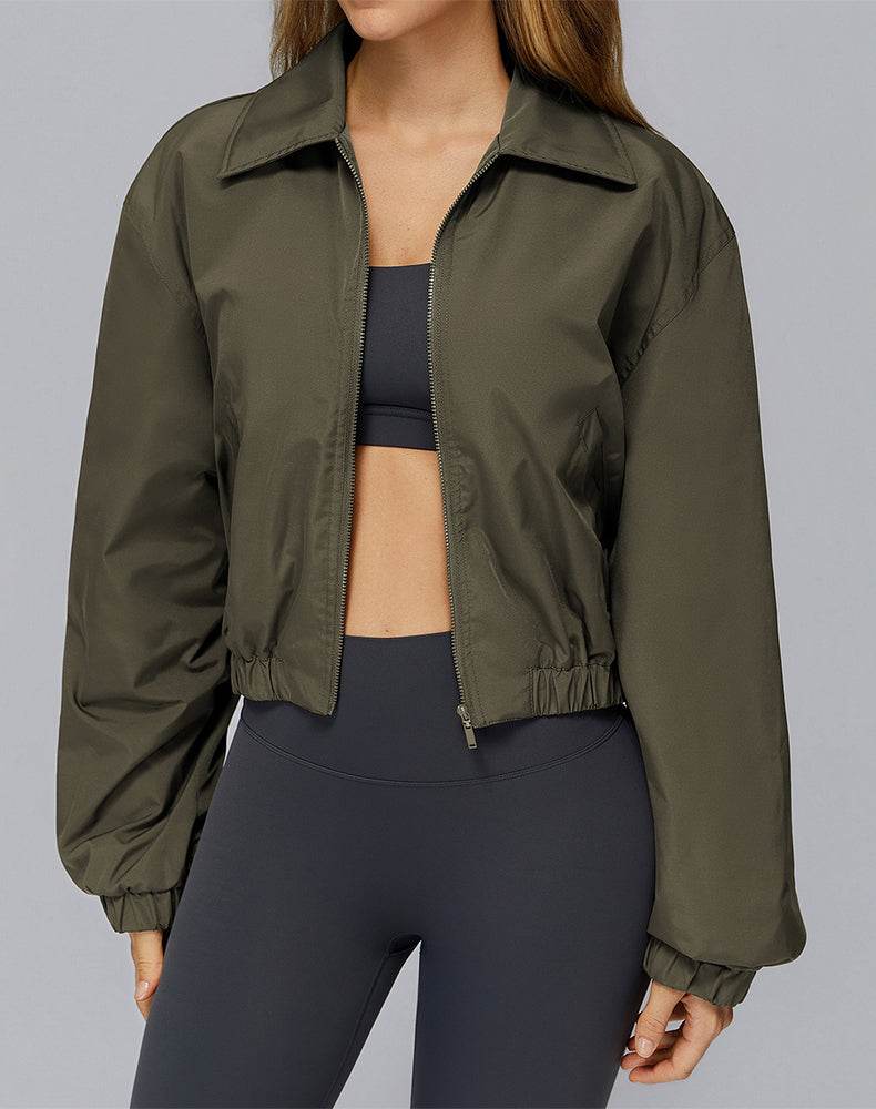 Stand Collar Casual Jacket Long Sleeve Tight Hem Crop Tops -