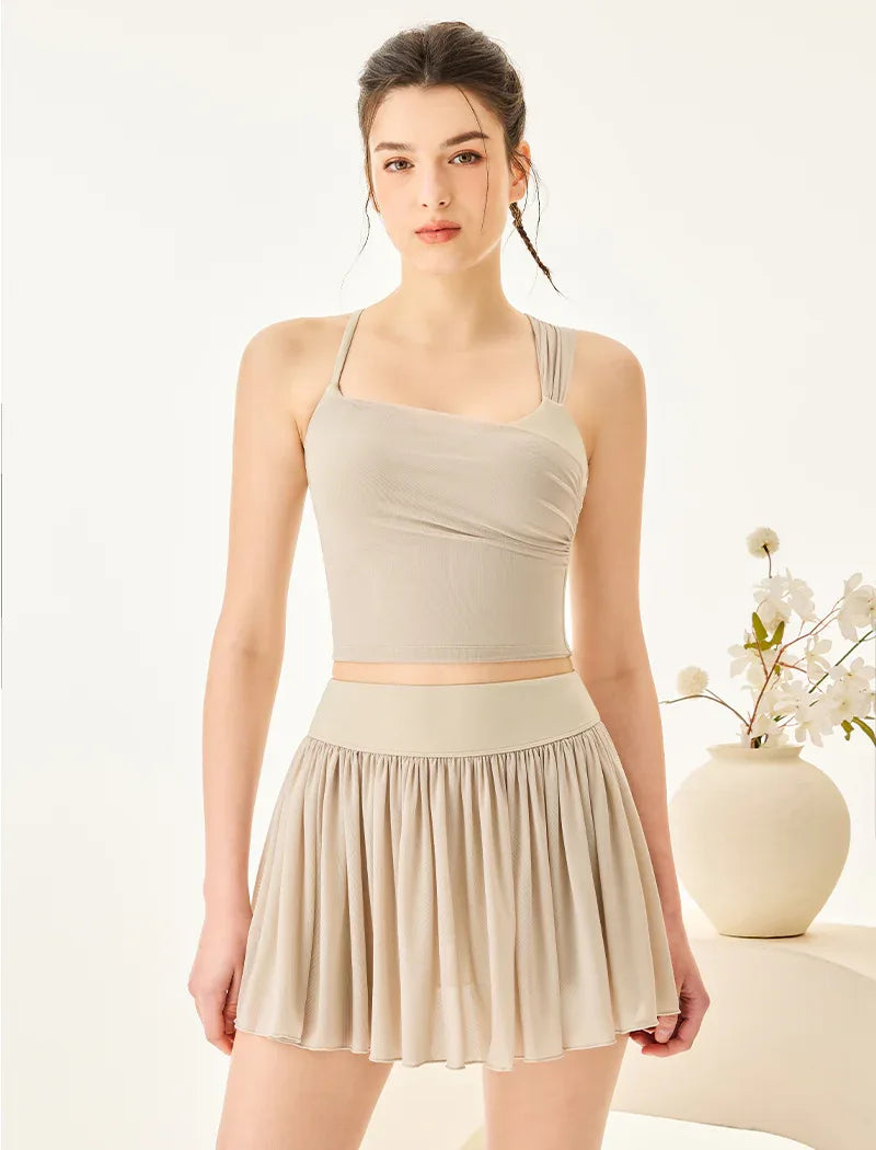 Mesh Tennis Set with Asymmetrical Strap Tank Top and Skirt - Moonlight