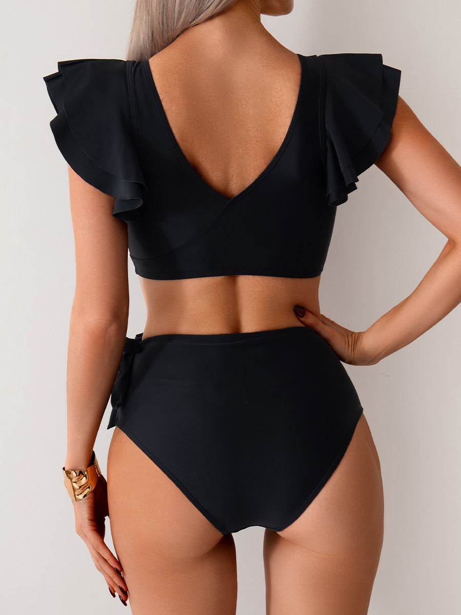 Ruffled Sleeves Color Block Bikini Sets