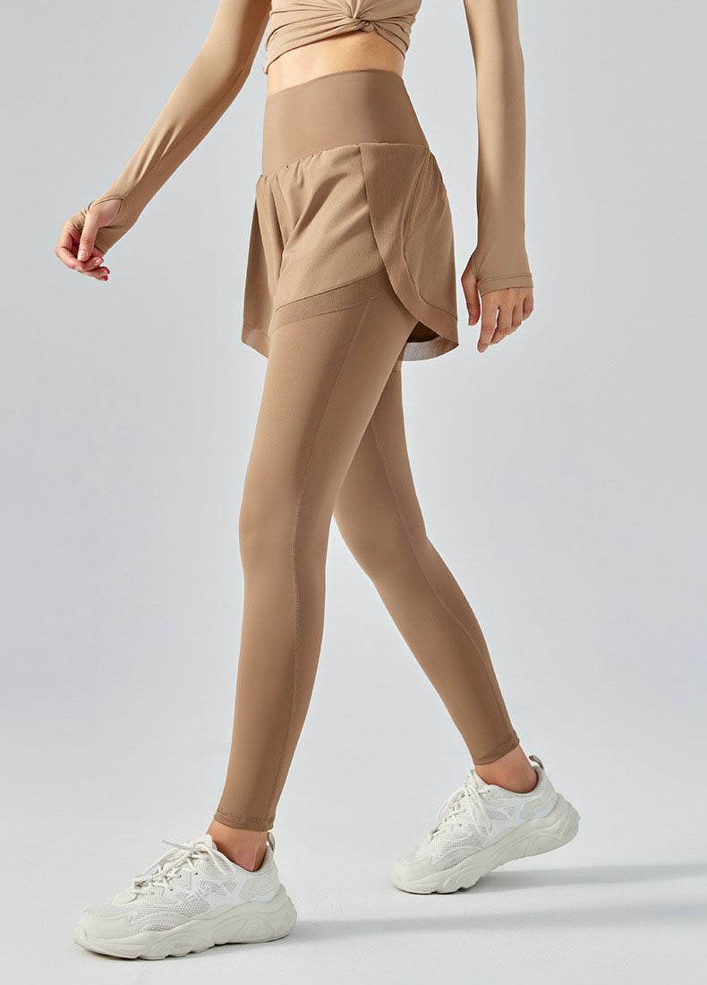 False Two Pieces Sports Leggings with Pockets Shorts