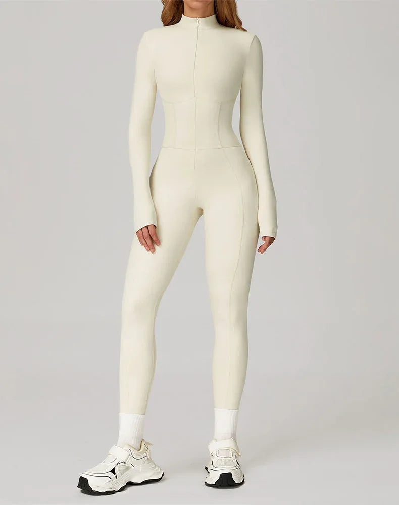Contour Seams Workout Jumpsuit Zip Up One Piece Bodysuit -