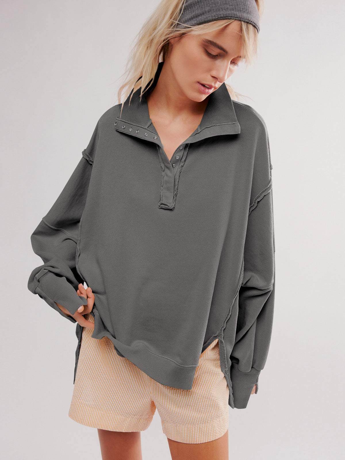 Oversized V Neck Long Sleeve Hoodies Pullover