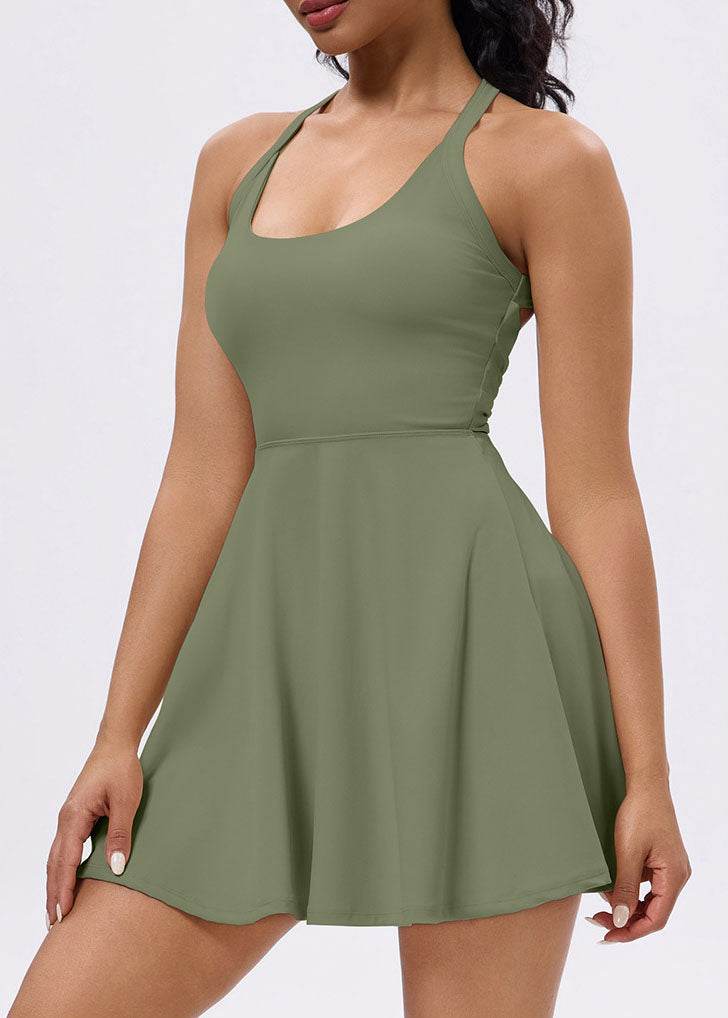 Back Twisted Athletic Dress with Built in Shorts - Olive Green