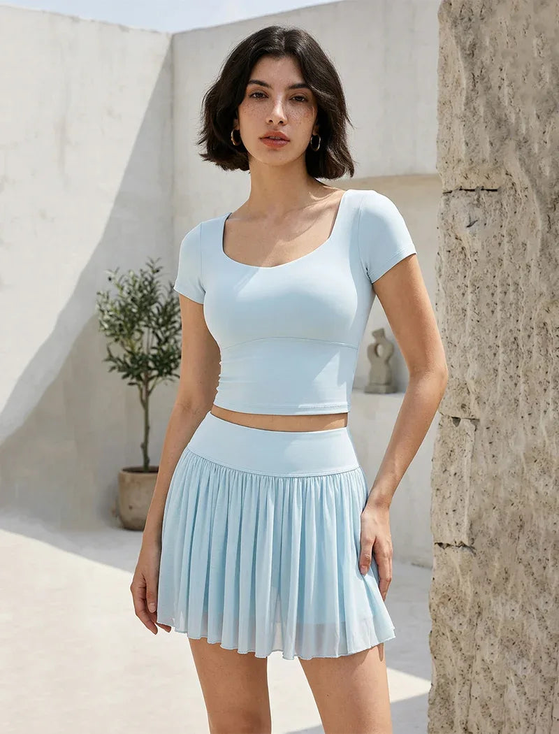 Activewear Set with Short Sleeve Crop T-Shirt and Skirt -