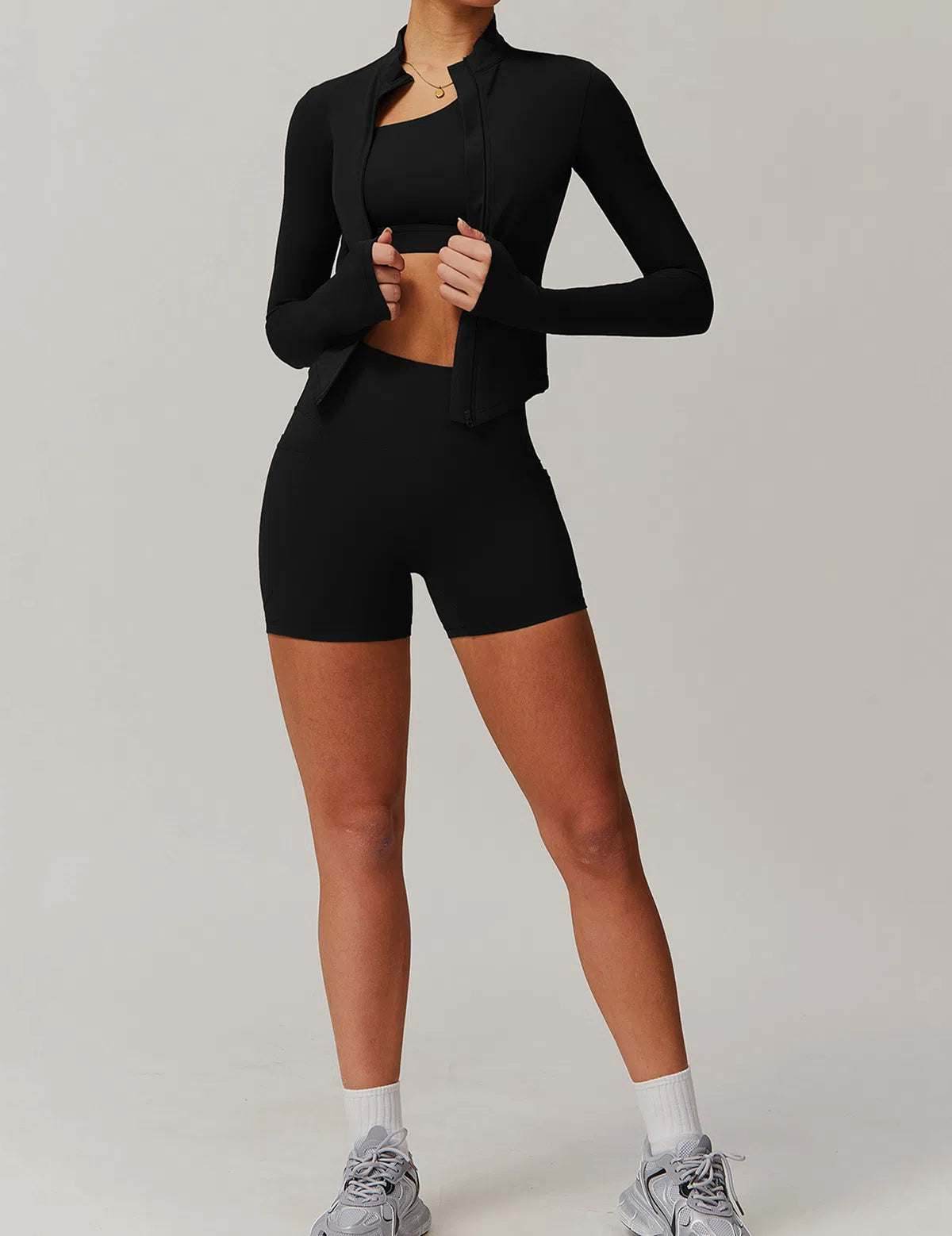 Solid Yoga Set With Sports Jacket and Short